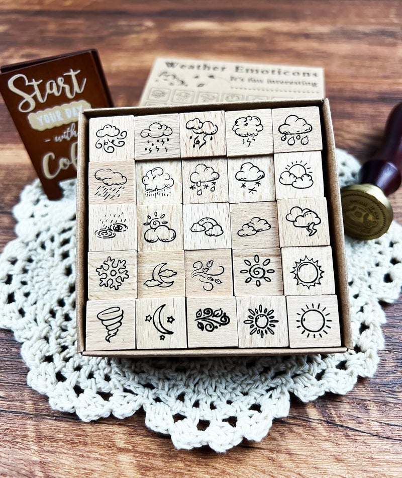 ZMLSED 25pcs Weather Wooden Rubber Stamps Kit, Cute Small Weather Theme Stamps for Decorative Diary Planner DIY Craft Scrapbook Card Making Letters Journal - Image 3